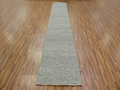 Grey 2'6" x 15'11" Modern / Contemporary Hand knotted Wool Rug - Sku: O079704