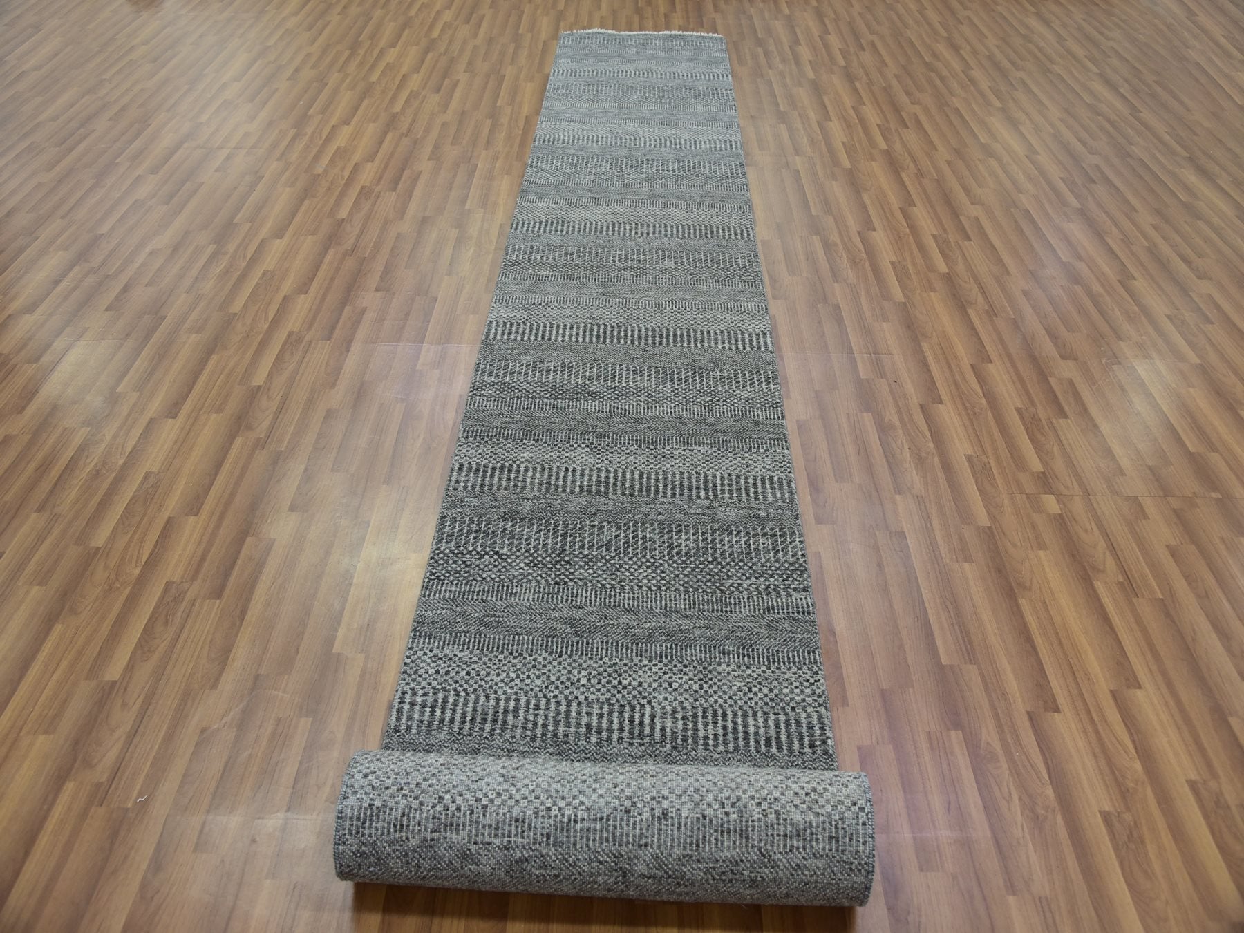 Modern / Contemporary hand-knotted wool runner in Gray, 2'7" x 19'11" — SKU O079732 (view 2)