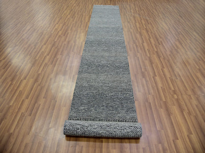 Grey 2'7" x 15'10" Modern / Contemporary Hand knotted Wool Rug - Sku: O079733