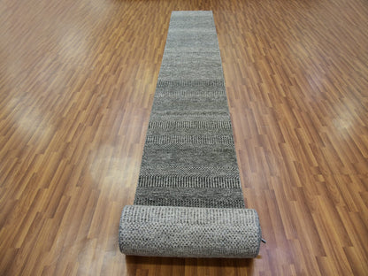 Grey 2'4" x 27'9" Modern / Contemporary Hand knotted Wool Rug - Sku: O079758