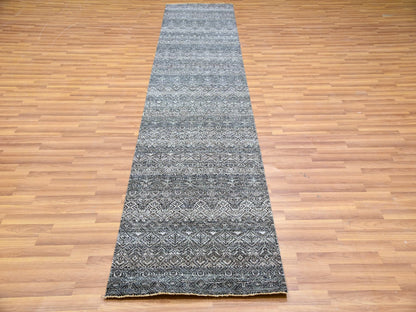Grey 2'6" x 12'2" Modern / Contemporary Hand knotted Wool Rug - Sku: O079811