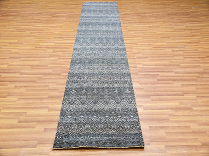 Grey 2'6" x 12'2" Modern / Contemporary Hand knotted Wool Rug - Sku: O079812