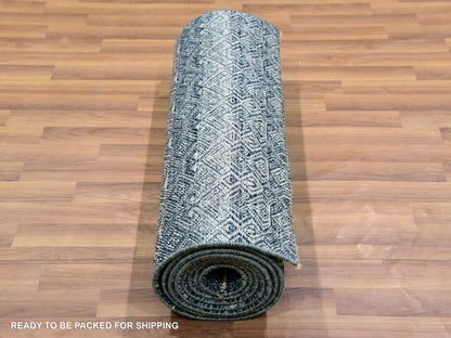 Grey 2'6" x 12'2" Modern / Contemporary Hand knotted Wool Rug - Sku: O079812