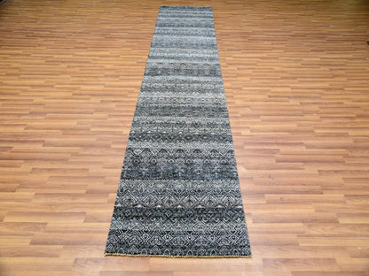 Grey 2'7" x 10'1" Modern / Contemporary Hand knotted Wool Rug - Sku: O079813