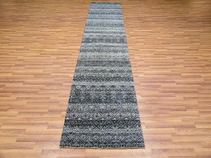 Grey 2'8" x 10'0" Modern / Contemporary Hand knotted Wool Rug - Sku: O079814
