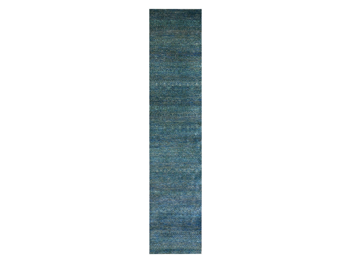 Modern / Contemporary hand-knotted wool runner in Green, 2'6" x 12'0", SKU O079817