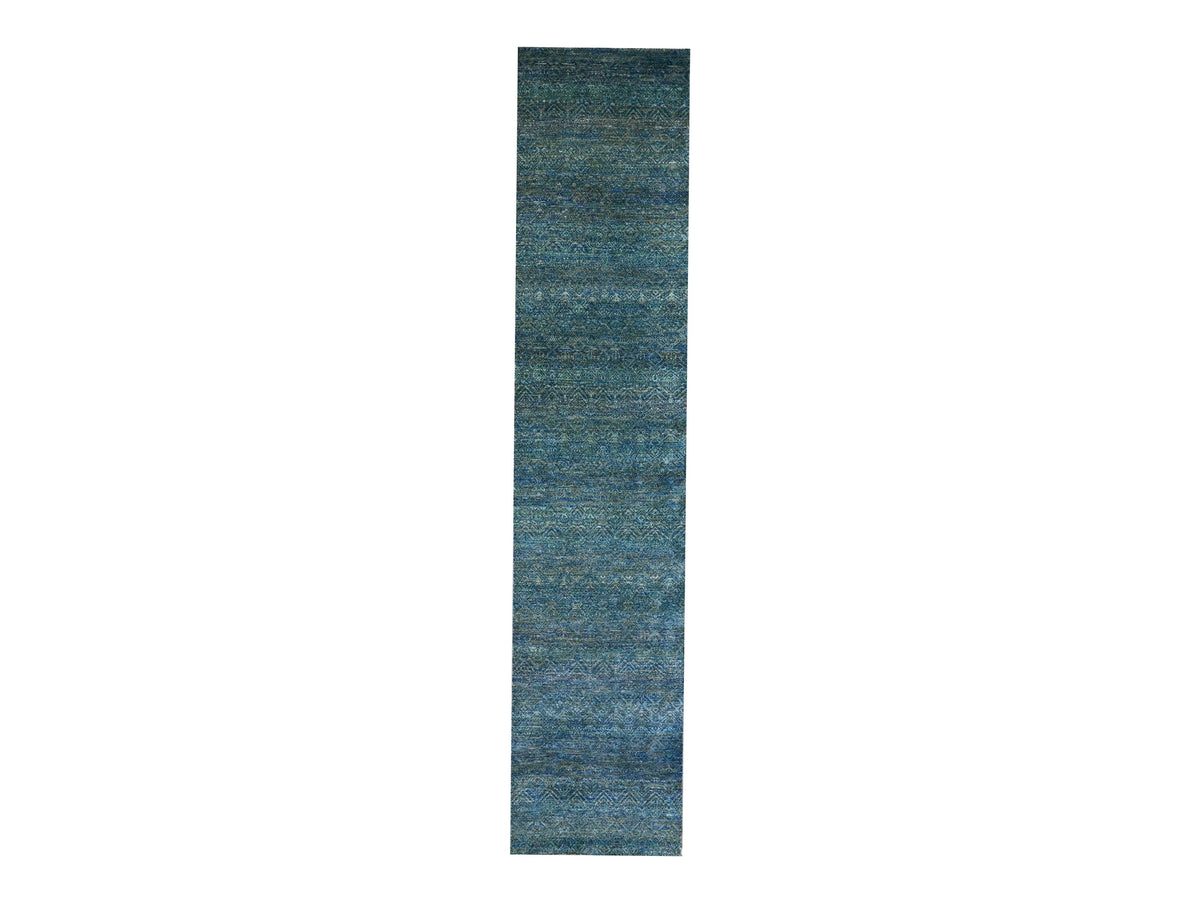 Modern / Contemporary hand-knotted wool runner in Green, 2'6" x 12'0", SKU O079818