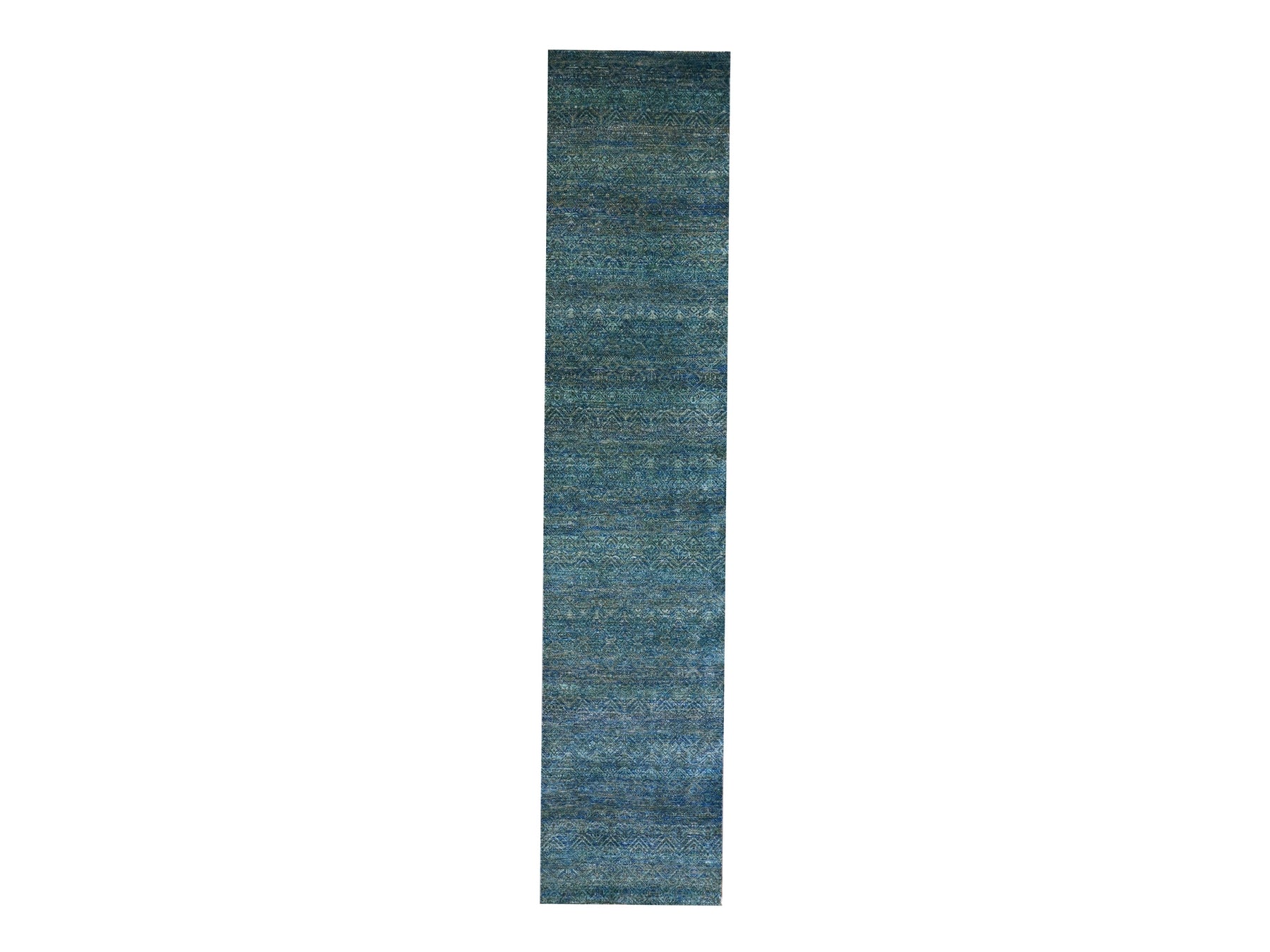 Modern / Contemporary hand-knotted wool runner in Green, 2'6" x 12'0", SKU O079818