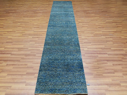 Modern / Contemporary hand-knotted wool runner in Green, 2'6" x 12'0", SKU O079818