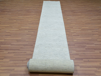 Grey 2'8" x 17'10" Modern / Contemporary Hand knotted Wool Rug - Sku: O079831