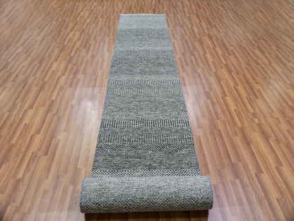 Grey 2'7" x 18'5" Modern / Contemporary Hand knotted Wool Rug - Sku: O079879