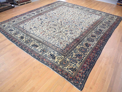 Ivory 14'3" x 15'7" Antique Hand knotted Wool Rug - Sku: O080055