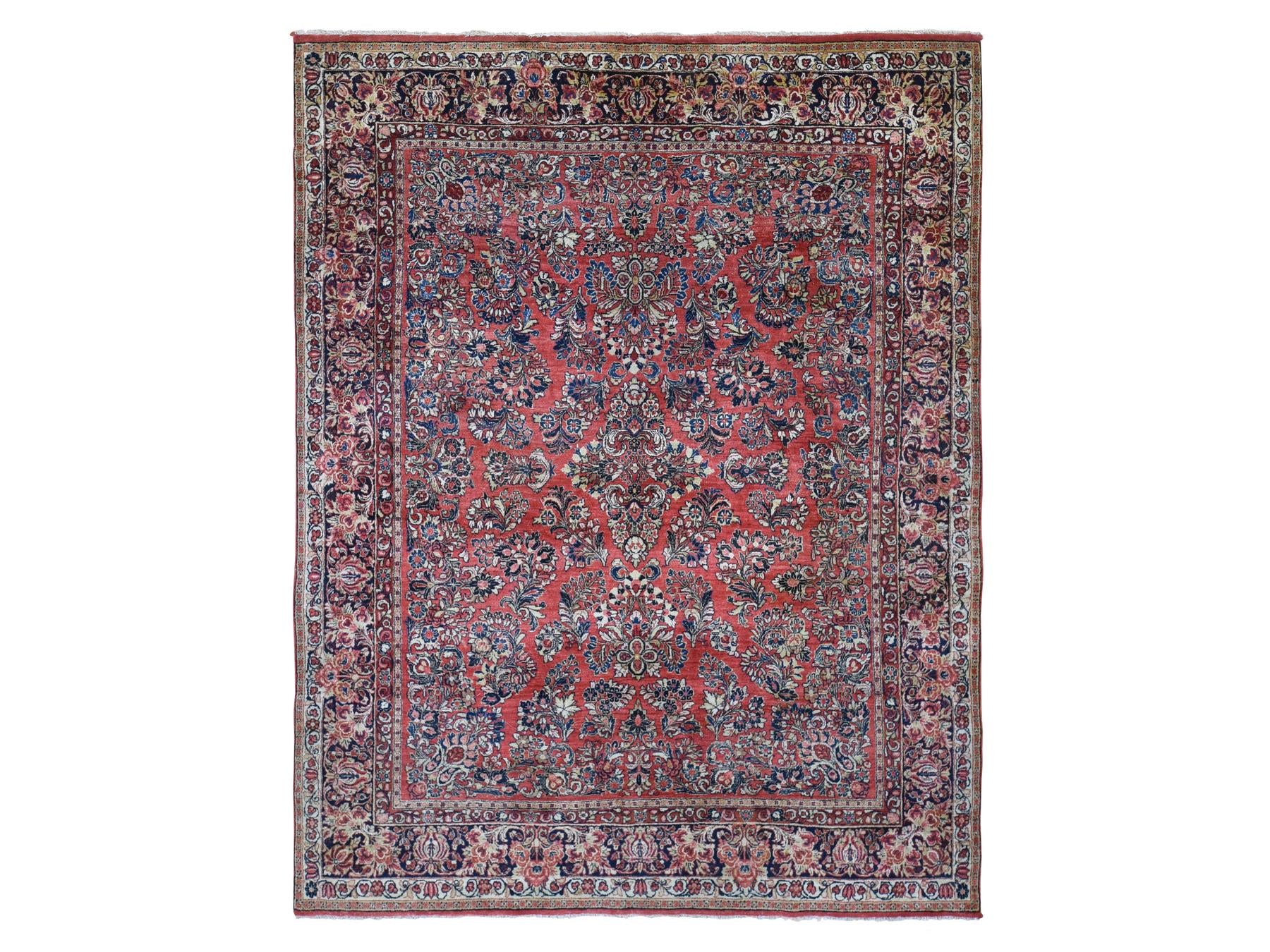 Sarouk Antique hand-knotted wool rug in Red & Navy Blue, 7'10" x 9'10" — SKU O080064