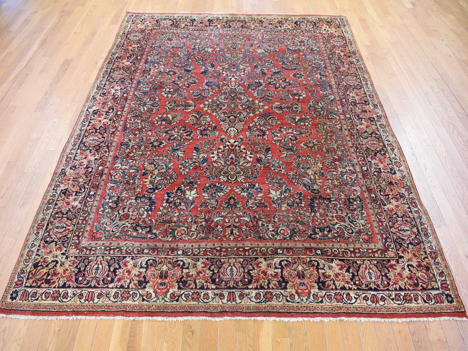 Sarouk Antique hand-knotted wool rug in Red & Navy Blue, 7'10" x 9'10" — SKU O080064 (view 2)
