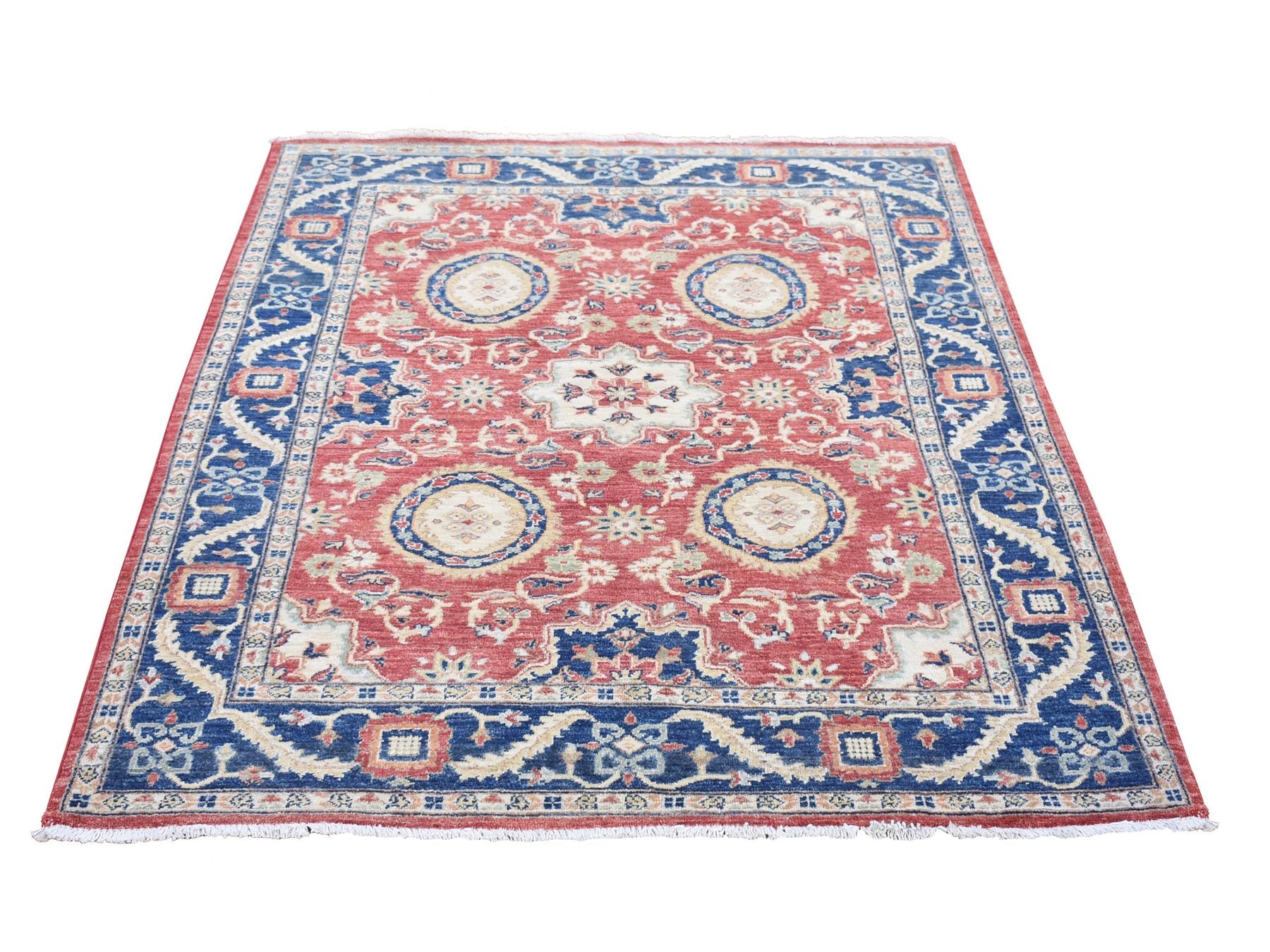 Mahal Oushak hand-knotted wool rug in Red & Navy Blue, 5' x 6'6" — SKU O080078