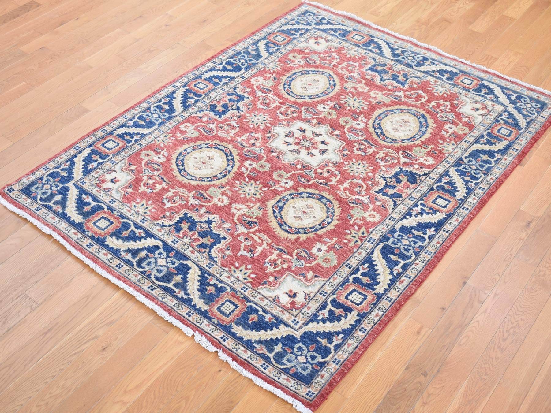 Mahal Oushak hand-knotted wool rug in Red & Navy Blue, 5' x 6'6" — SKU O080078 (view 2)