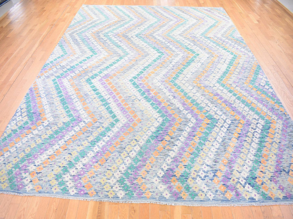 Kilim Tribal & Geometric hand-knotted wool rug in Blue, 10'3" x 13'2" — SKU O080085 (view 2)