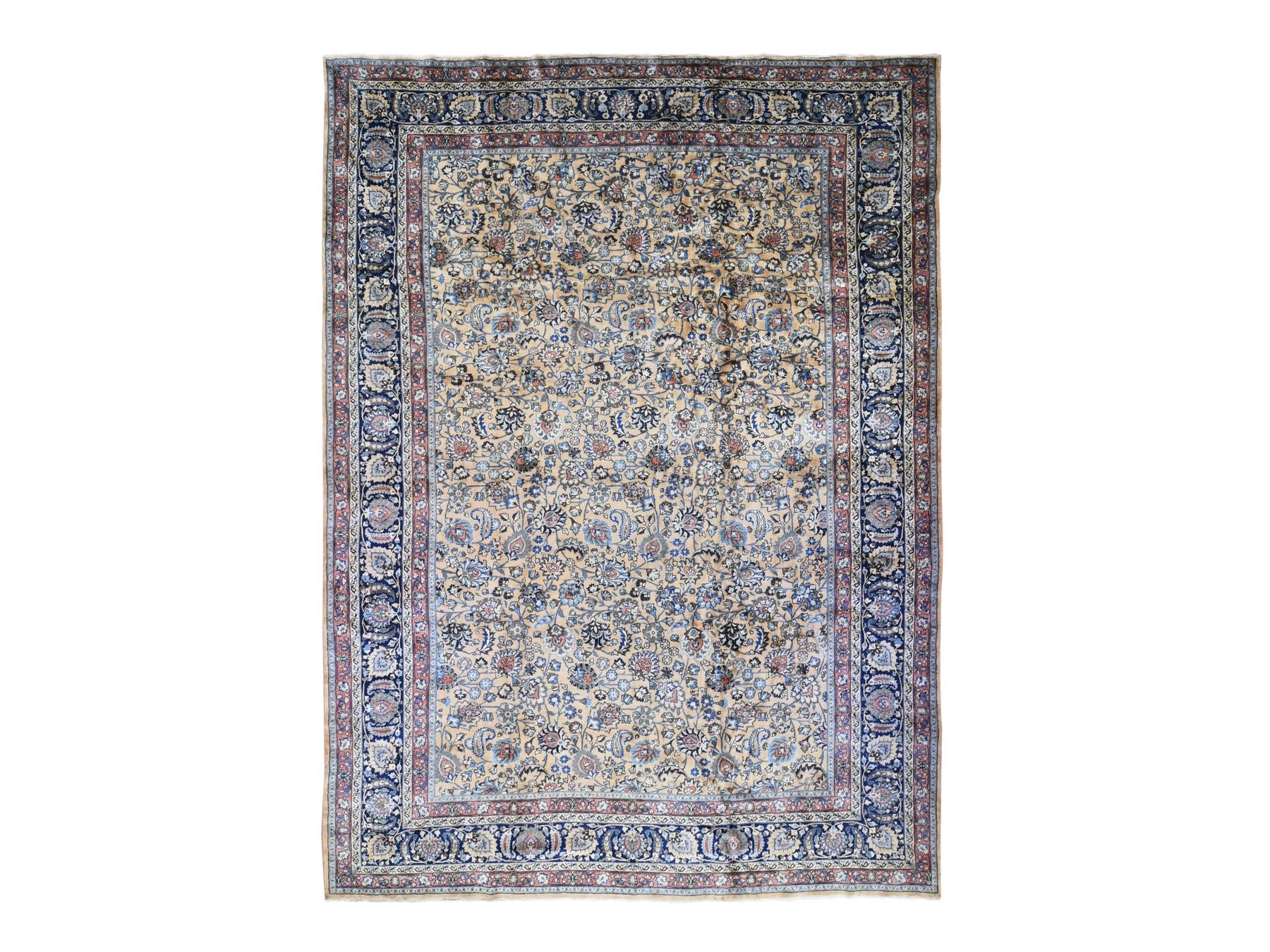 Antique hand-knotted wool rug in Ivory & Navy Blue, 11'9" x 16'4" — SKU O080113