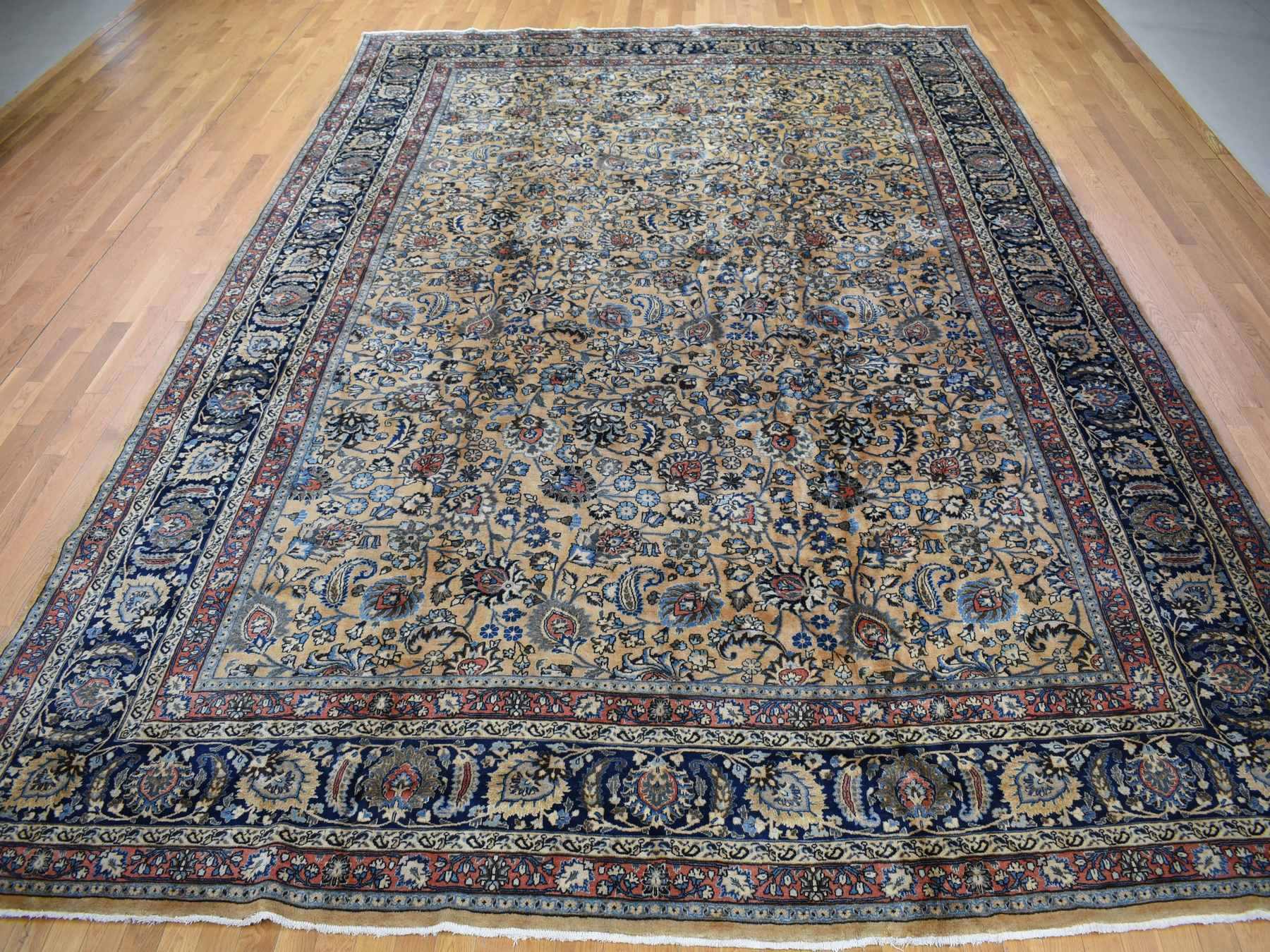 Antique hand-knotted wool rug in Ivory & Navy Blue, 11'9" x 16'4" — SKU O080113 (view 2)