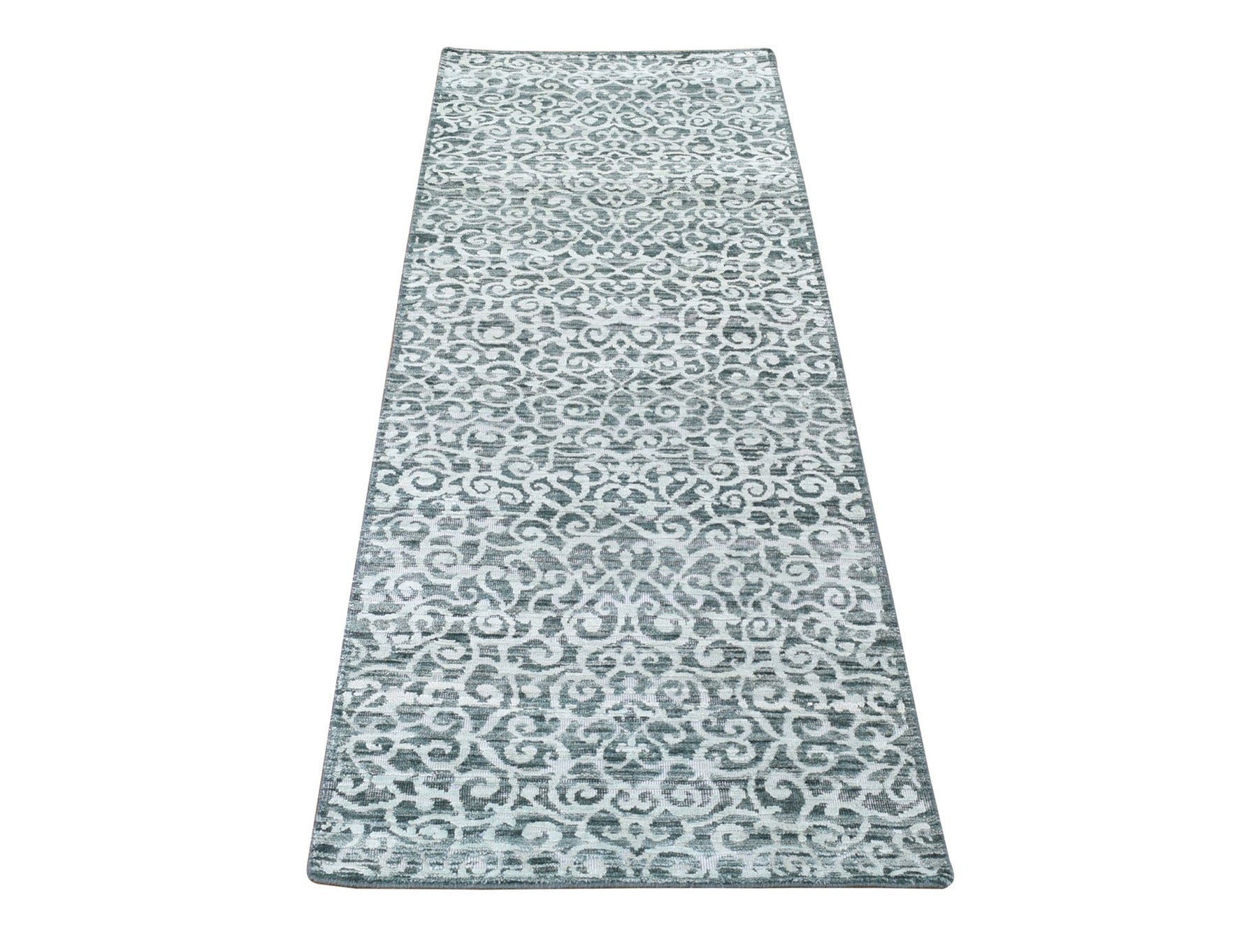 Modern / Contemporary hand-knotted wool/silk runner in Green, 2'9" x 8' — SKU O080151