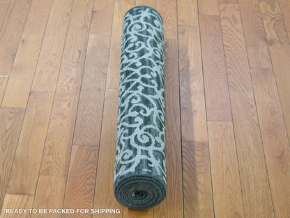 Modern / Contemporary hand-knotted wool/silk runner in Green, 2'9" x 8' — SKU O080151 (view 6)