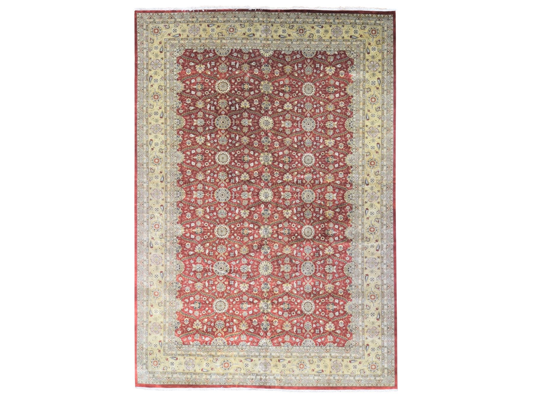 Fine Oriental hand-knotted wool/silk rug in Red & Light Green, 12'3" x 17'9" — SKU O080220
