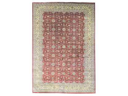 Fine Oriental hand-knotted wool/silk rug in Red & Light Green, 12'3" x 17'9" — SKU O080220