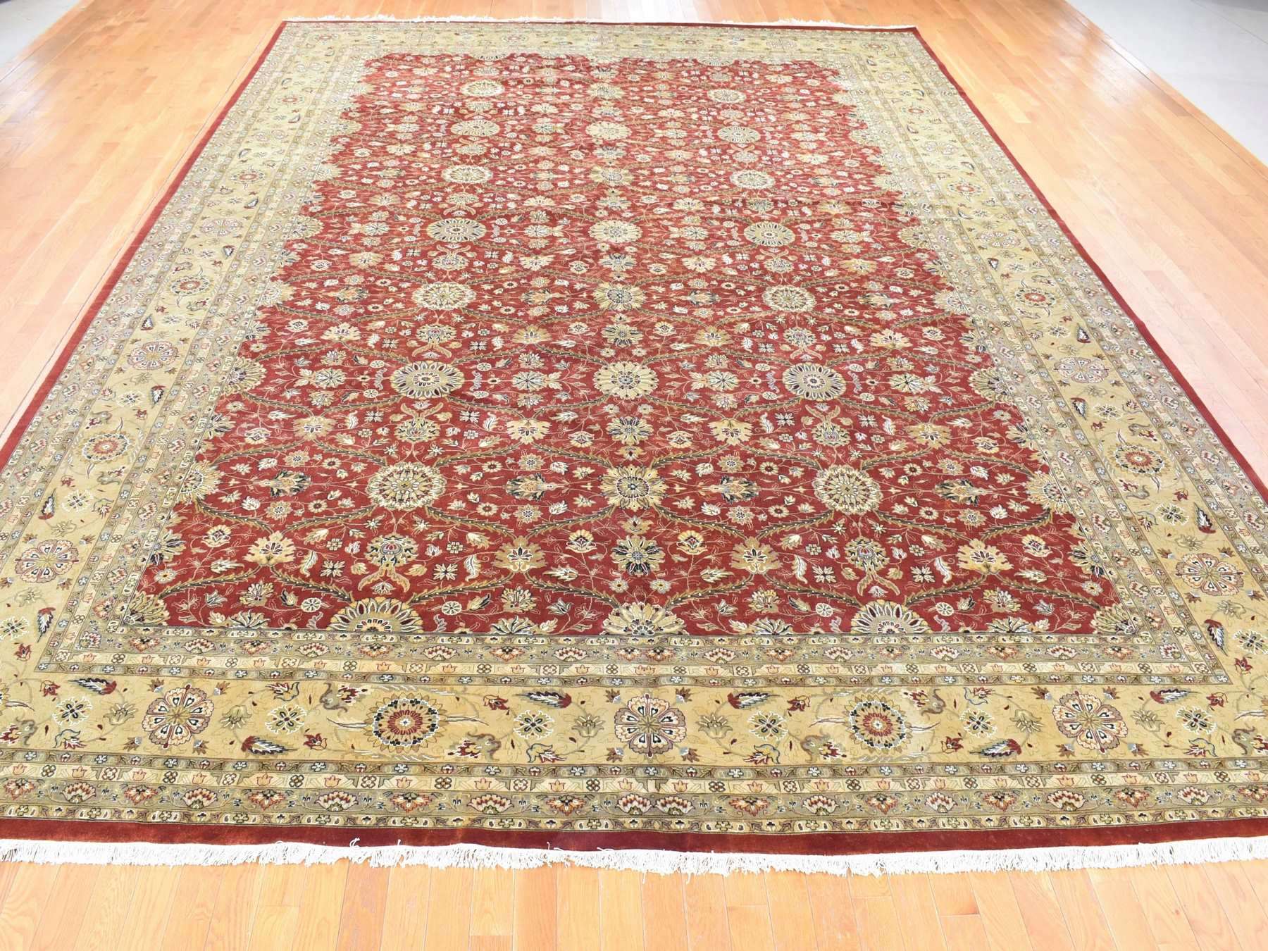 Fine Oriental hand-knotted wool/silk rug in Red & Light Green, 12'3" x 17'9" — SKU O080220 (view 2)
