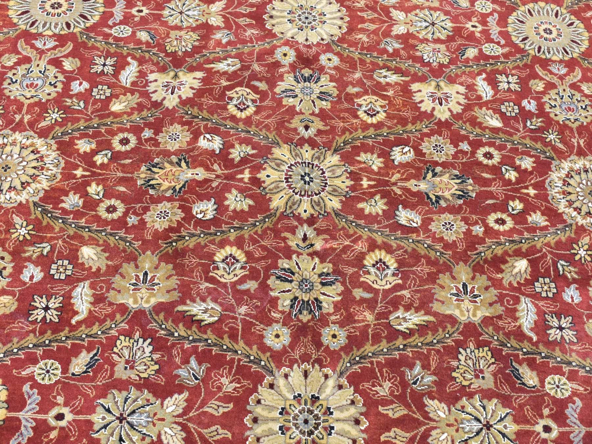 Fine Oriental hand-knotted wool/silk rug in Red & Light Green, 12'3" x 17'9" — SKU O080220 (view 3)