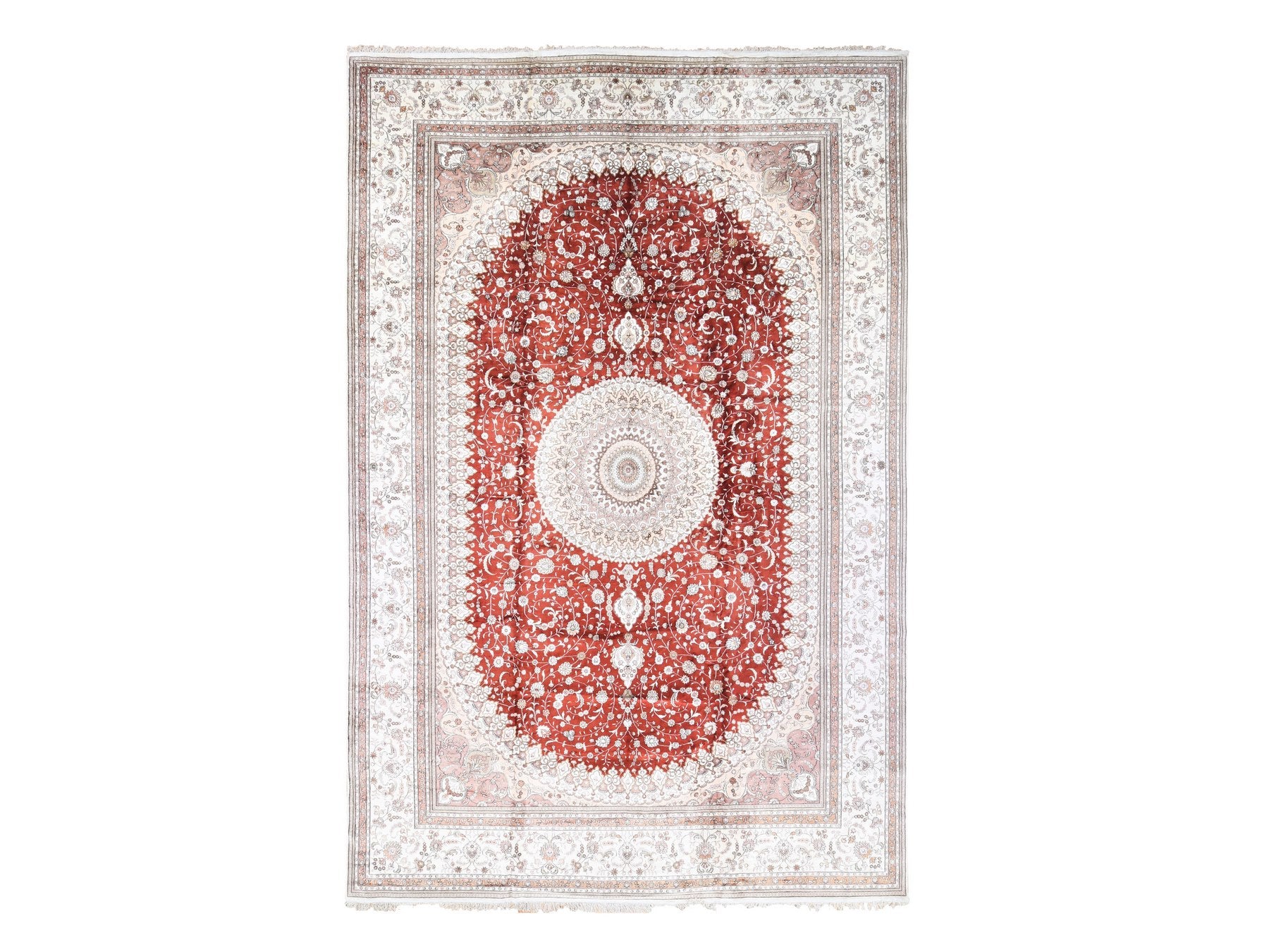 Tabriz Silk hand-knotted silk/cotton blend rug in Red & Ivory, 12' x 18'4" — SKU O080231