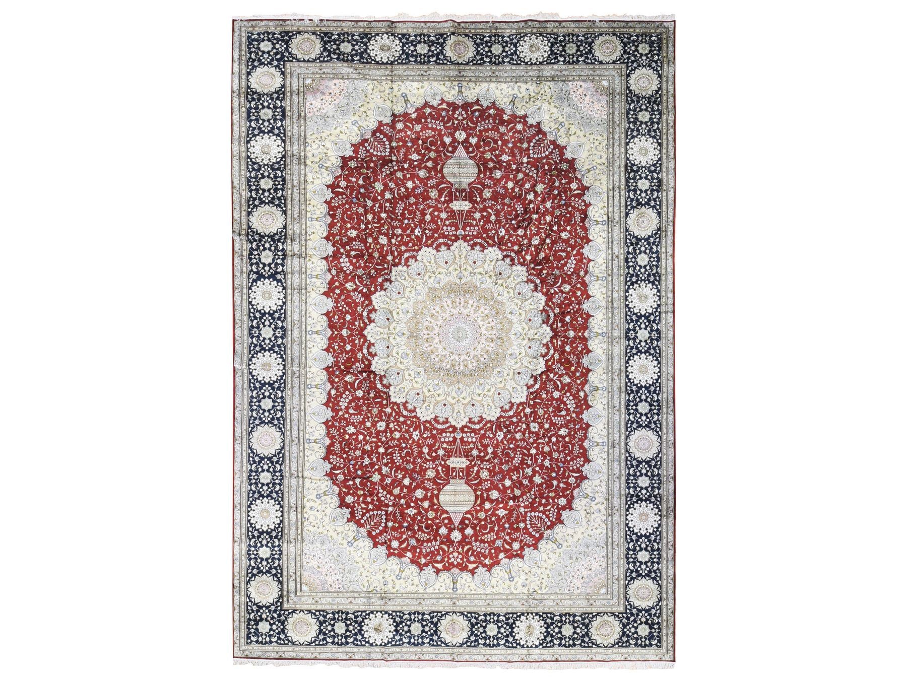 Kashan Silk hand-knotted silk/cotton blend rug in Red & Navy Blue, 12'1" x 18'1" — SKU O080234