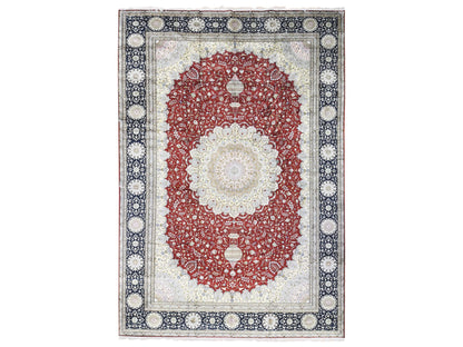Kashan Silk hand-knotted silk/cotton blend rug in Red & Navy Blue, 12'1" x 18'1" — SKU O080234