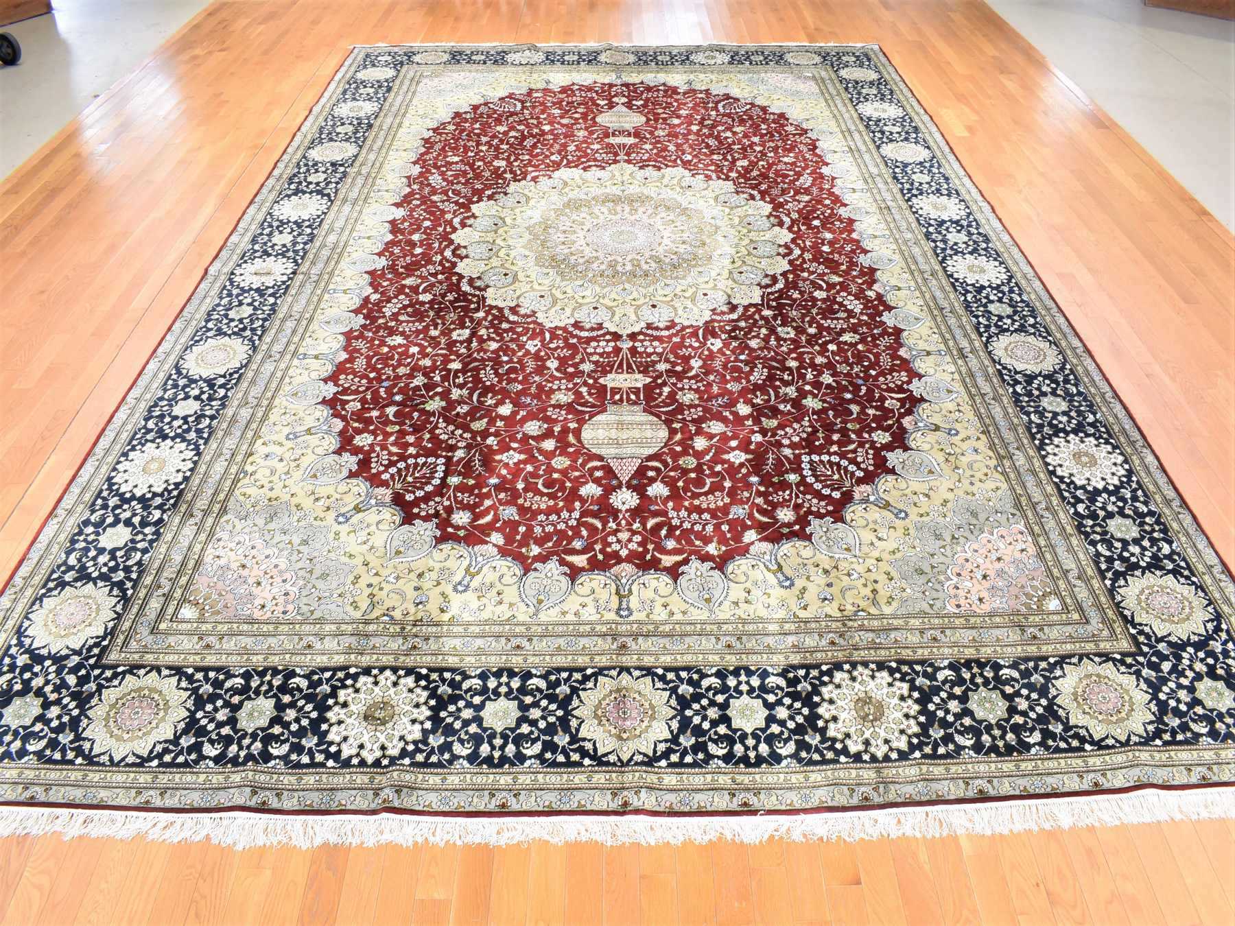 Kashan Silk hand-knotted silk/cotton blend rug in Red & Navy Blue, 12'1" x 18'1" — SKU O080234 (view 2)