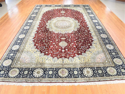 Kashan Silk hand-knotted silk/cotton blend rug in Red & Navy Blue, 12'1" x 18'1" — SKU O080234 (view 2)