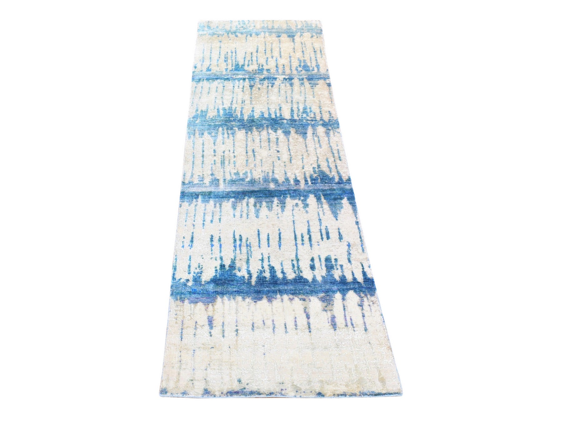 Modern / Contemporary hand-knotted wool/sari silk runner in Ivory, 3' x 10'1" — SKU O080251