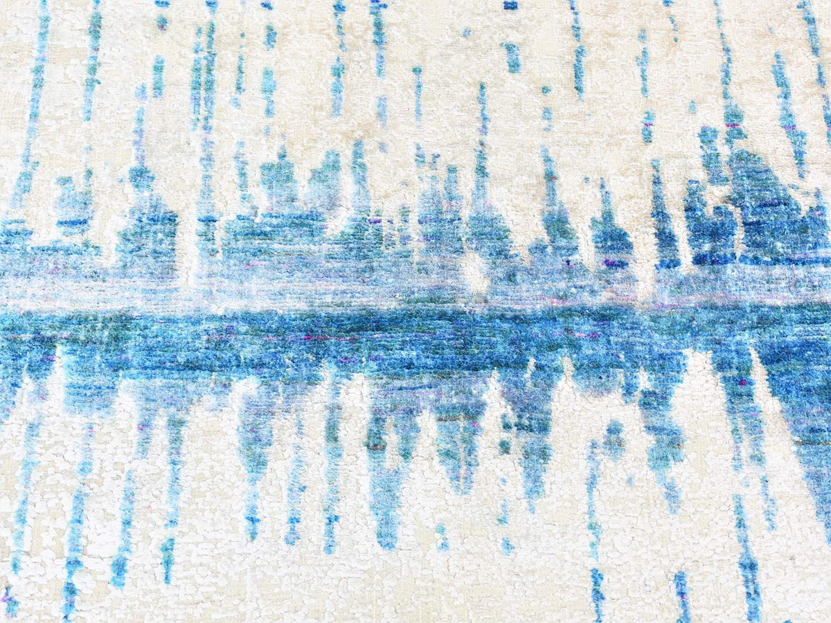 Modern / Contemporary hand-knotted wool/sari silk runner in Ivory, 3' x 10'1" — SKU O080251 (view 2)