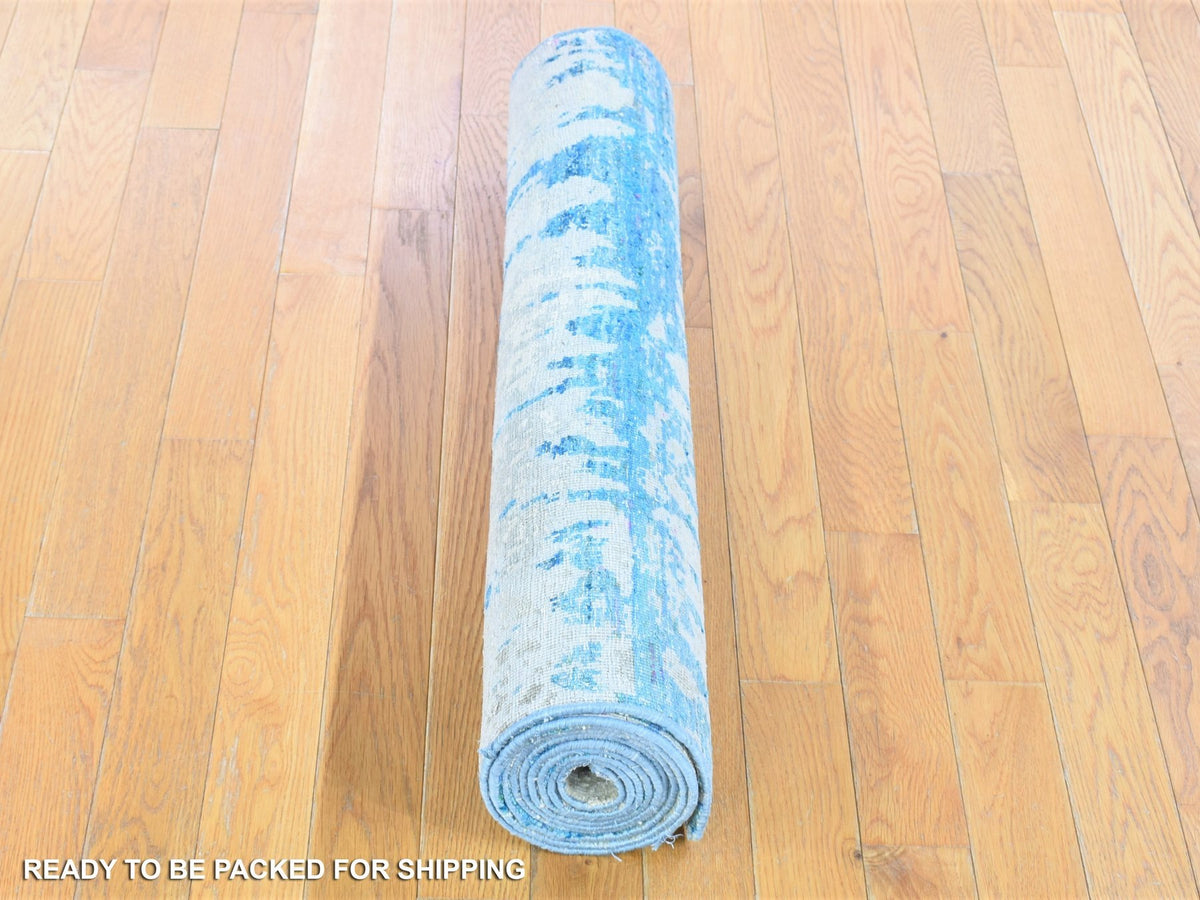 Modern / Contemporary hand-knotted wool/sari silk runner in Ivory, 3' x 10'1" — SKU O080251 (view 6)