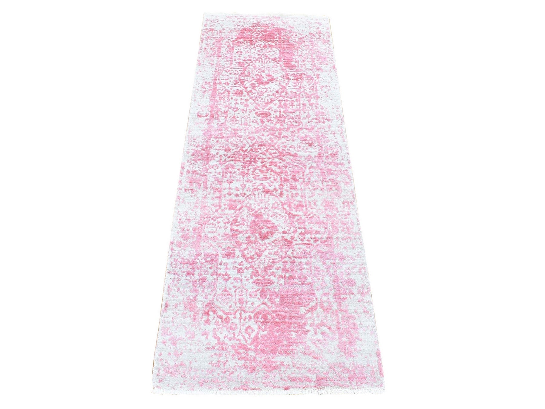 Transitional hand-knotted wool/pure silk runner in Pink, 2'6" x 7'9" — SKU O080252