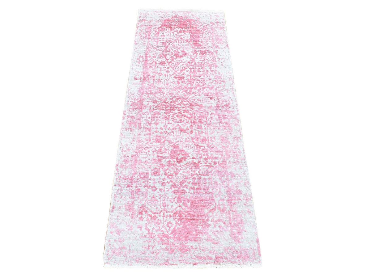 Transitional hand-knotted wool/pure silk runner in Pink, 2'6" x 7'9" — SKU O080252