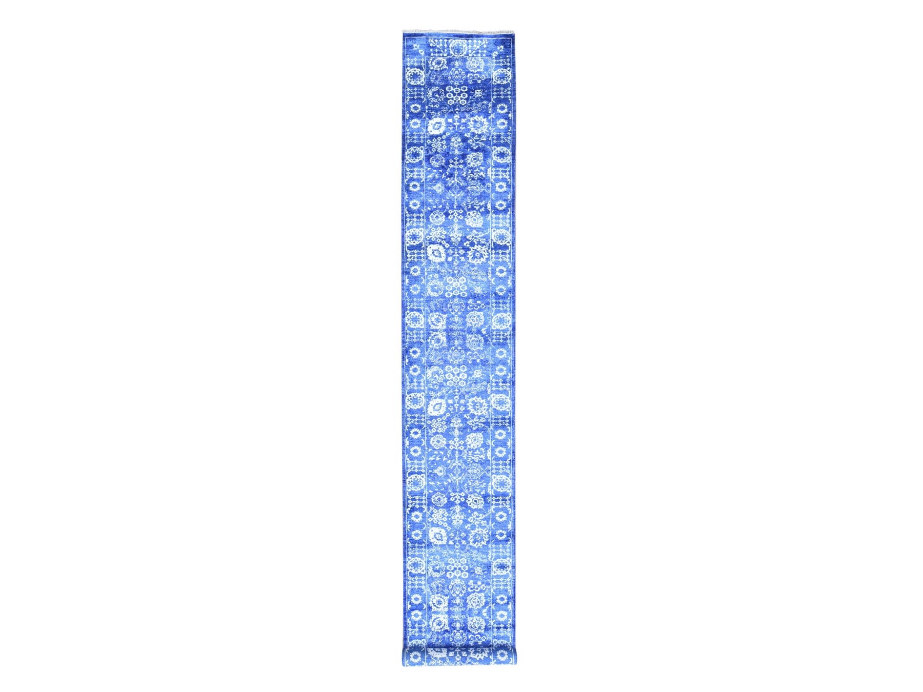 Tabriz Fine Oriental hand-knotted wool/silk runner in Blue, 2'6" x 16'10" — SKU O080256