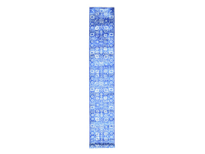 Blue 2'6" x 16'10" Fine Oriental Hand knotted Wool/Silk Rug - Sku: O080256