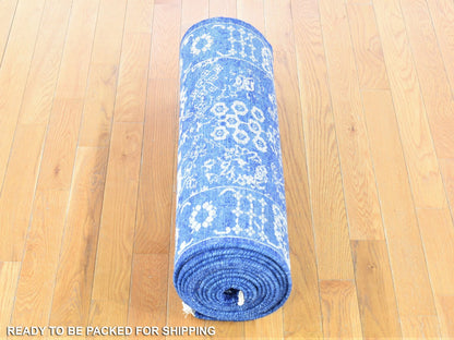 Blue 2'6" x 16'10" Fine Oriental Hand knotted Wool/Silk Rug - Sku: O080256