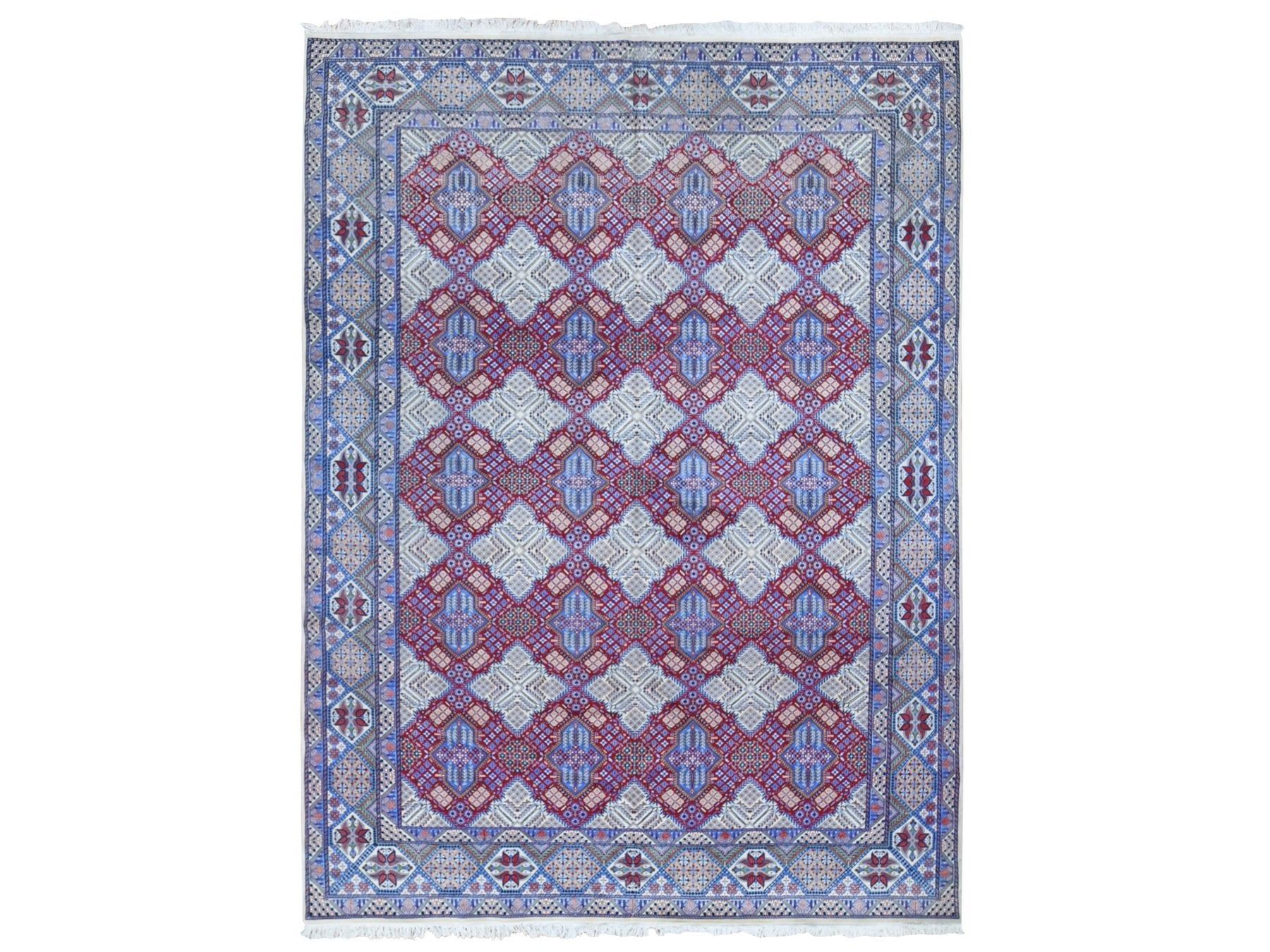 Nain Fine Oriental hand-knotted wool/silk rug in Red & Light Blue, 9'7" x 13'2" — SKU O080260