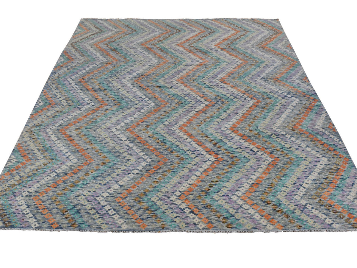 Kilim Flat-Weave hand-knotted wool rug in Multicolored, 10'2" x 13'7" — SKU O080303