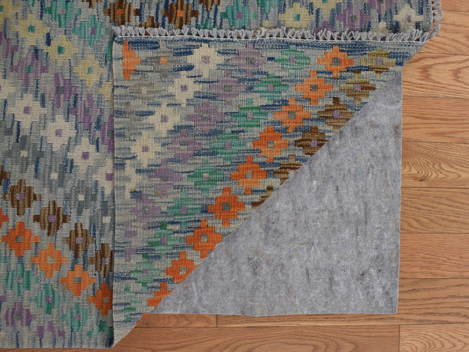 Kilim Flat-Weave hand-knotted wool rug in Multicolored, 10'2" x 13'7" — SKU O080303 (view 2)