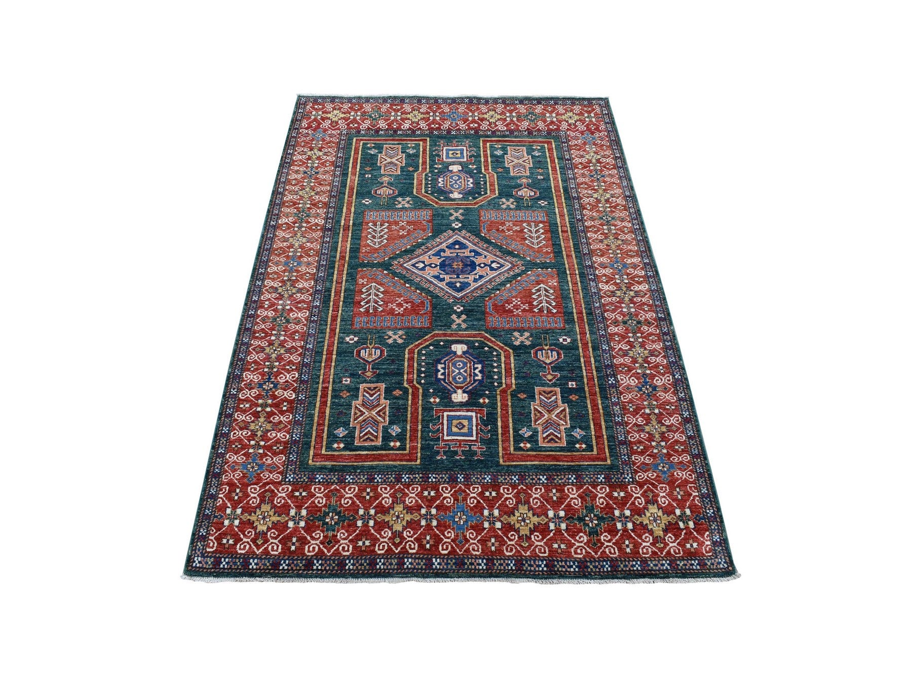 Kazak Kazak hand-knotted wool rug in Green & Red, 5'4" x 7'9" — SKU O080319