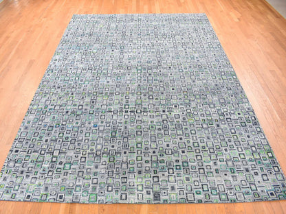 Modern / Contemporary hand-knotted wool/silk rug in Gray, 9' x 12'3" — SKU O080455 (view 3)