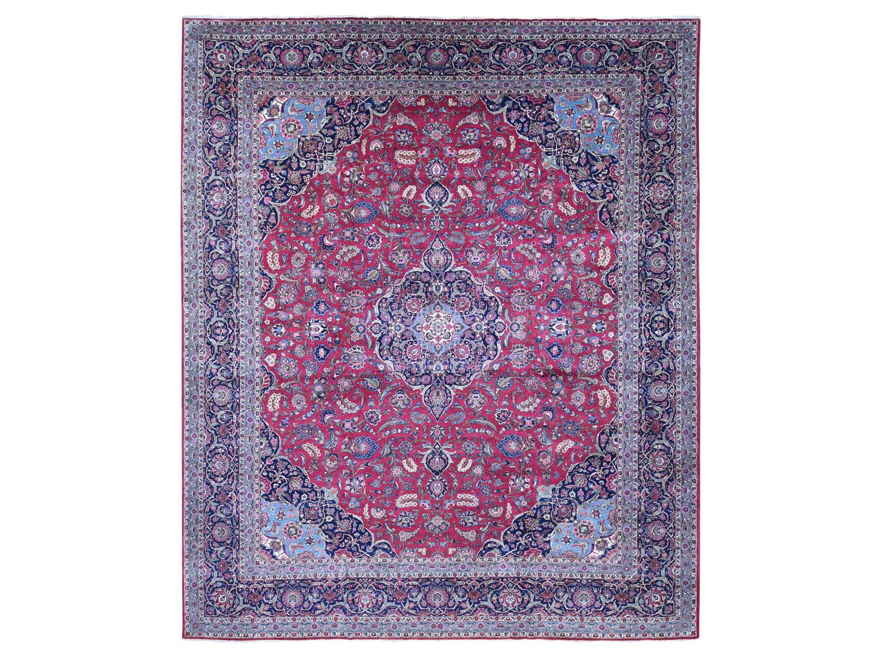 Kashan Persian hand-knotted wool rug in Red & Navy Blue, 14'2" x 17'2" — SKU O080502