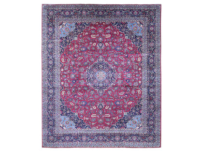 Kashan Persian hand-knotted wool rug in Red & Navy Blue, 14'2" x 17'2" — SKU O080502