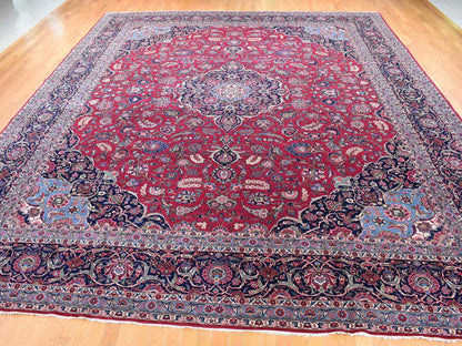 Kashan Persian hand-knotted wool rug in Red & Navy Blue, 14'2" x 17'2" — SKU O080502 (view 2)